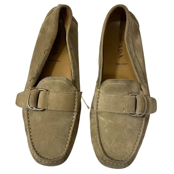 PRADA Driving Moccasins Beige Suede Rubber Sole Silver Buckle Women's size 7.5 - Picture 1 of 9
